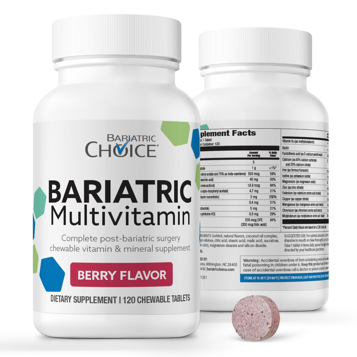 Bariatric Choice berry multivitamin bottle front highlighting berry flavor and chewable format.