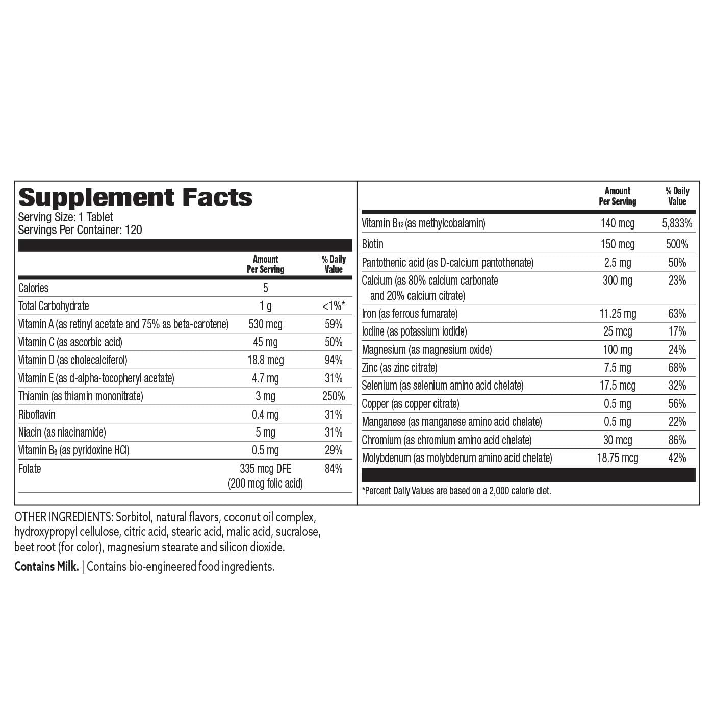 Bariatric Choice nutrition facts label emphasizes 22 vitamins and minerals.