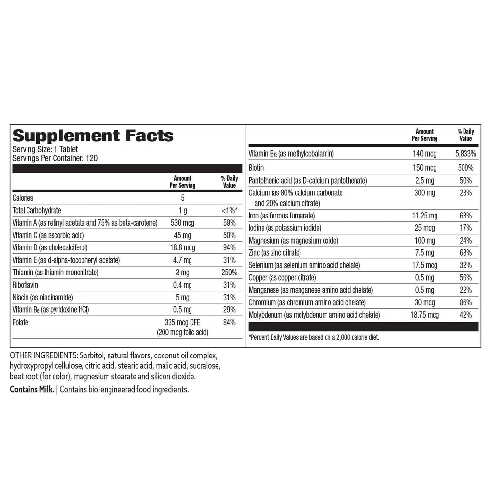 Bariatric Choice nutrition facts label emphasizes 22 vitamins and minerals.