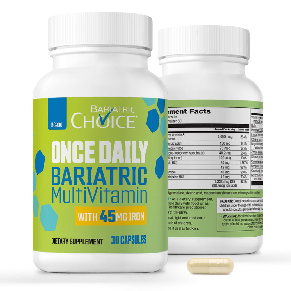 Bariatric Choice Once Daily bottle pour showing easy to swallow capsules for daily nutrition