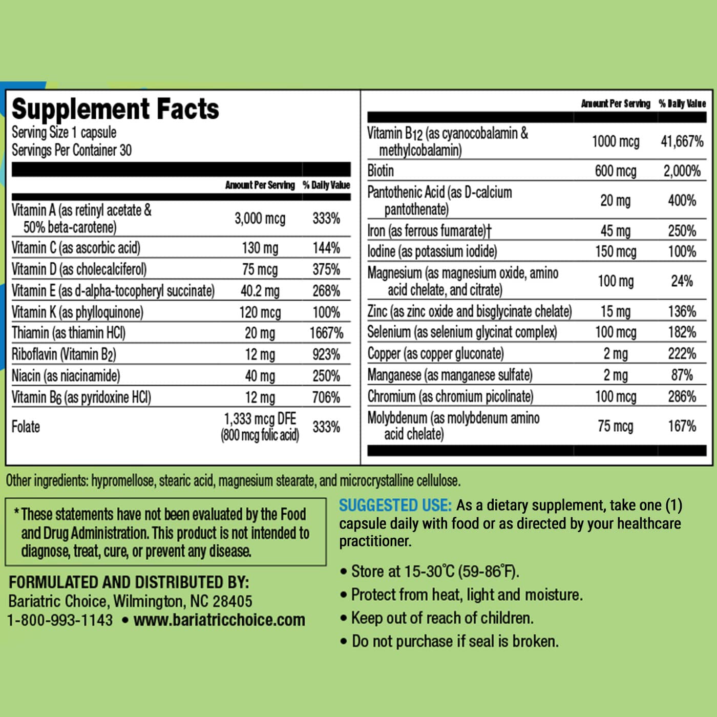 Bariatric Choice Once Daily packaging front highlighting 30 count monthly supply