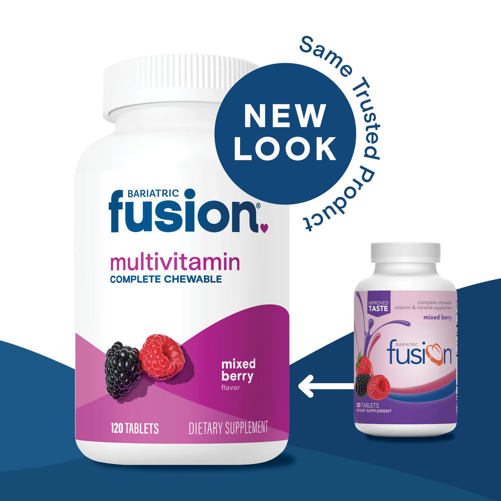 Label artwork features mixed berries on Bariatric Fusion packaging.