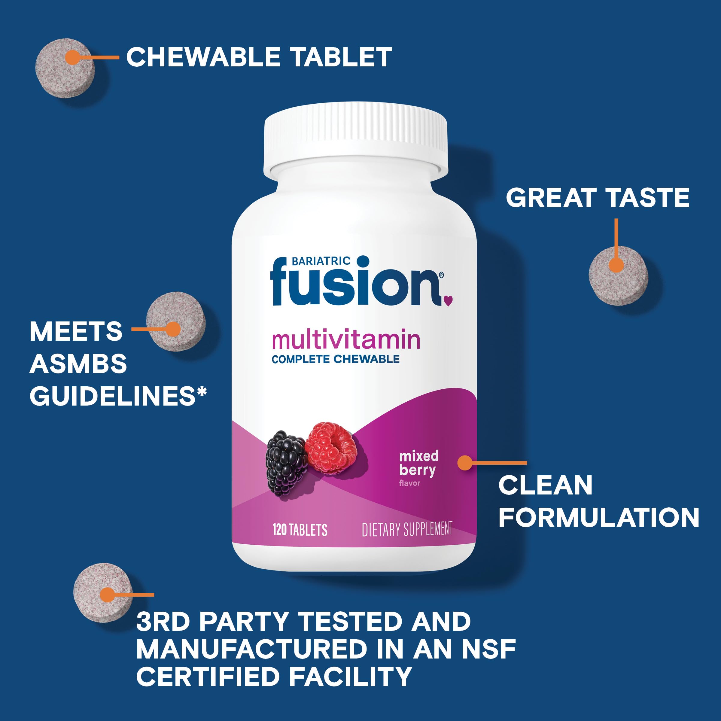 Bariatric Fusion bottle label shows complete chewable multivitamin with iron.