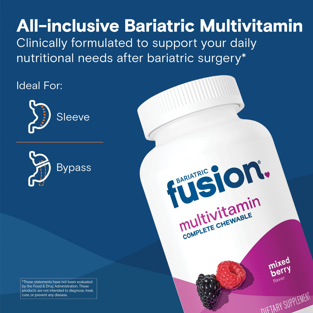 Close-up of Bariatric Fusion chewable tablets with mixed berry flavor.
