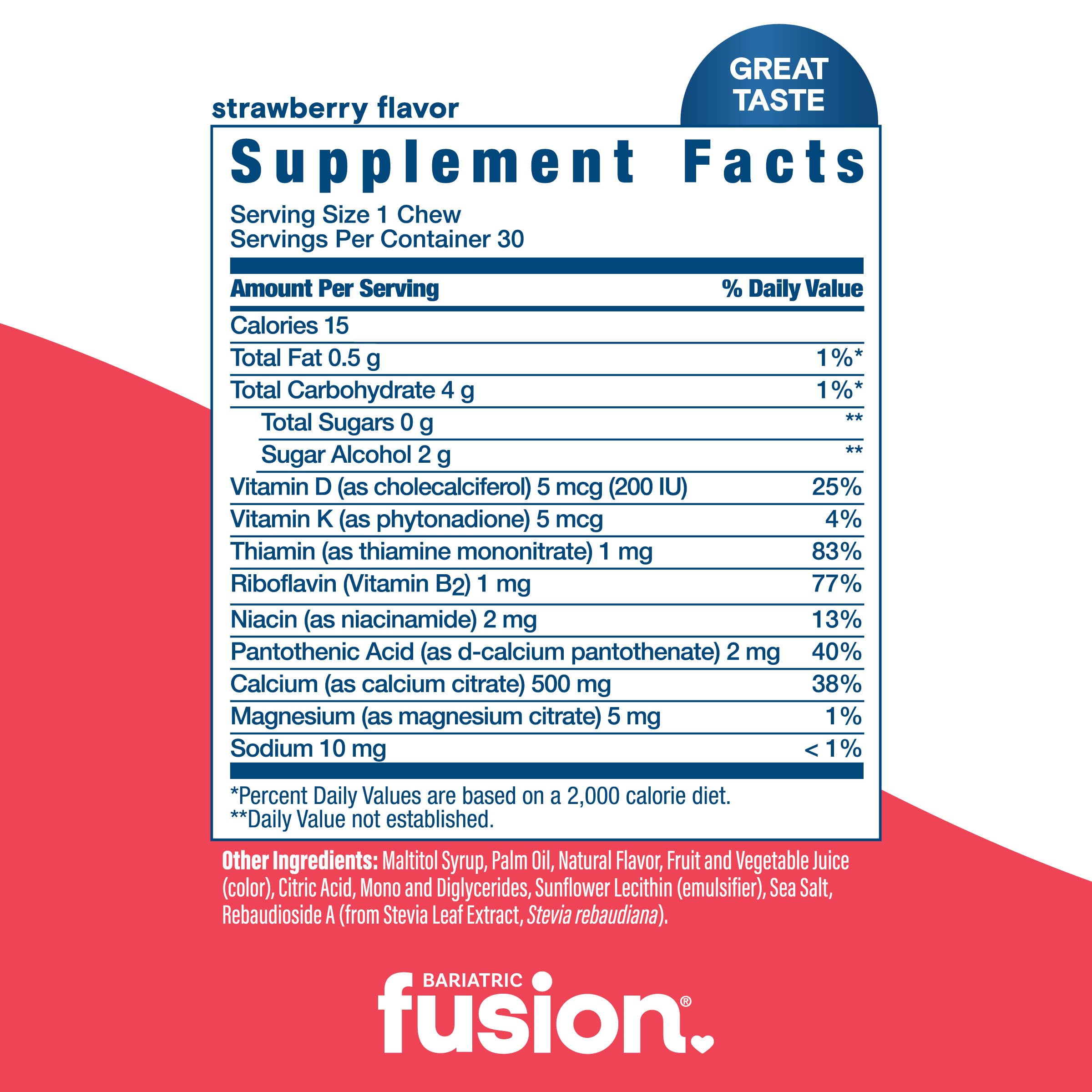 Bariatric Fusion bottle label highlighting Vitamin D3 and K blend