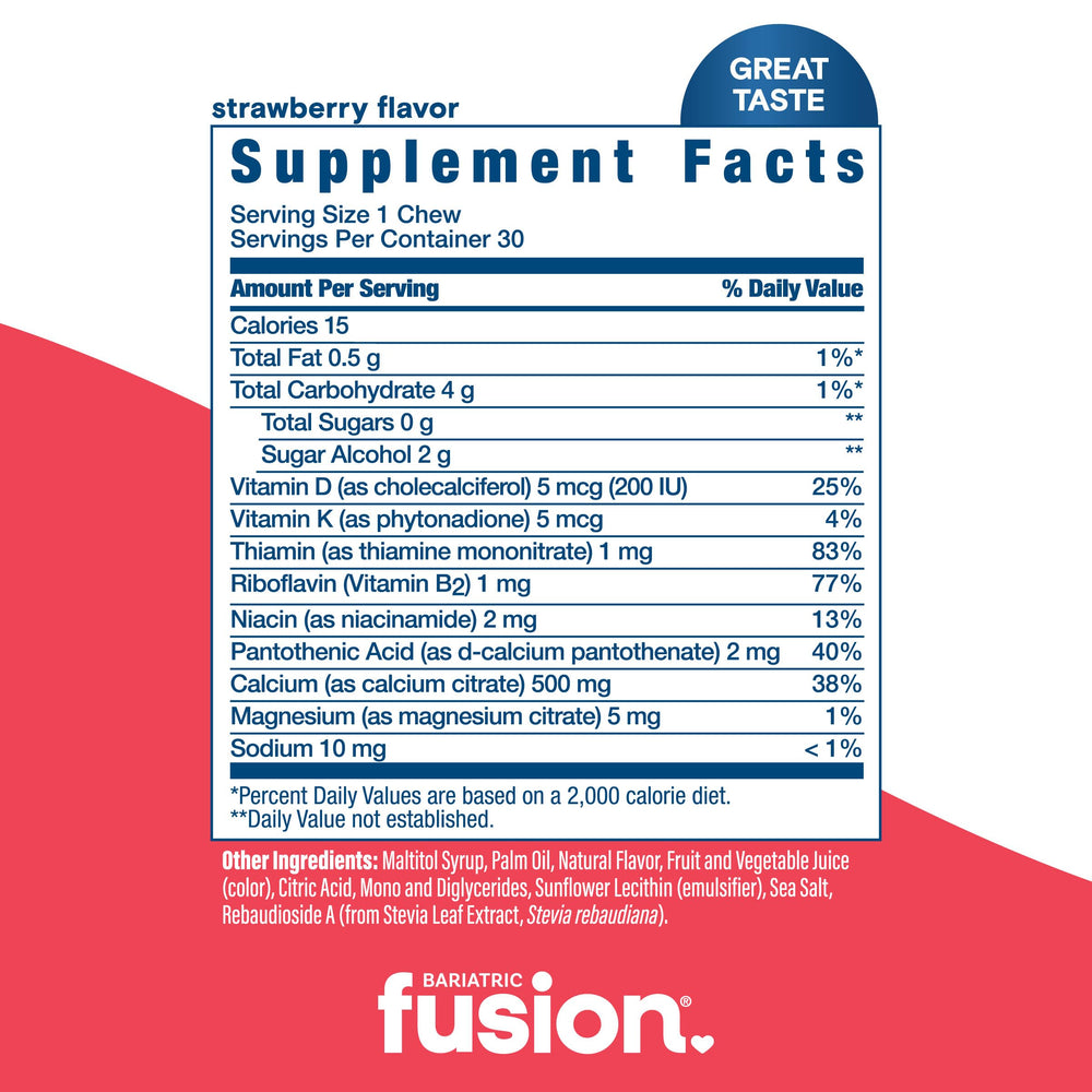 Bariatric Fusion bottle label highlighting Vitamin D3 and K blend