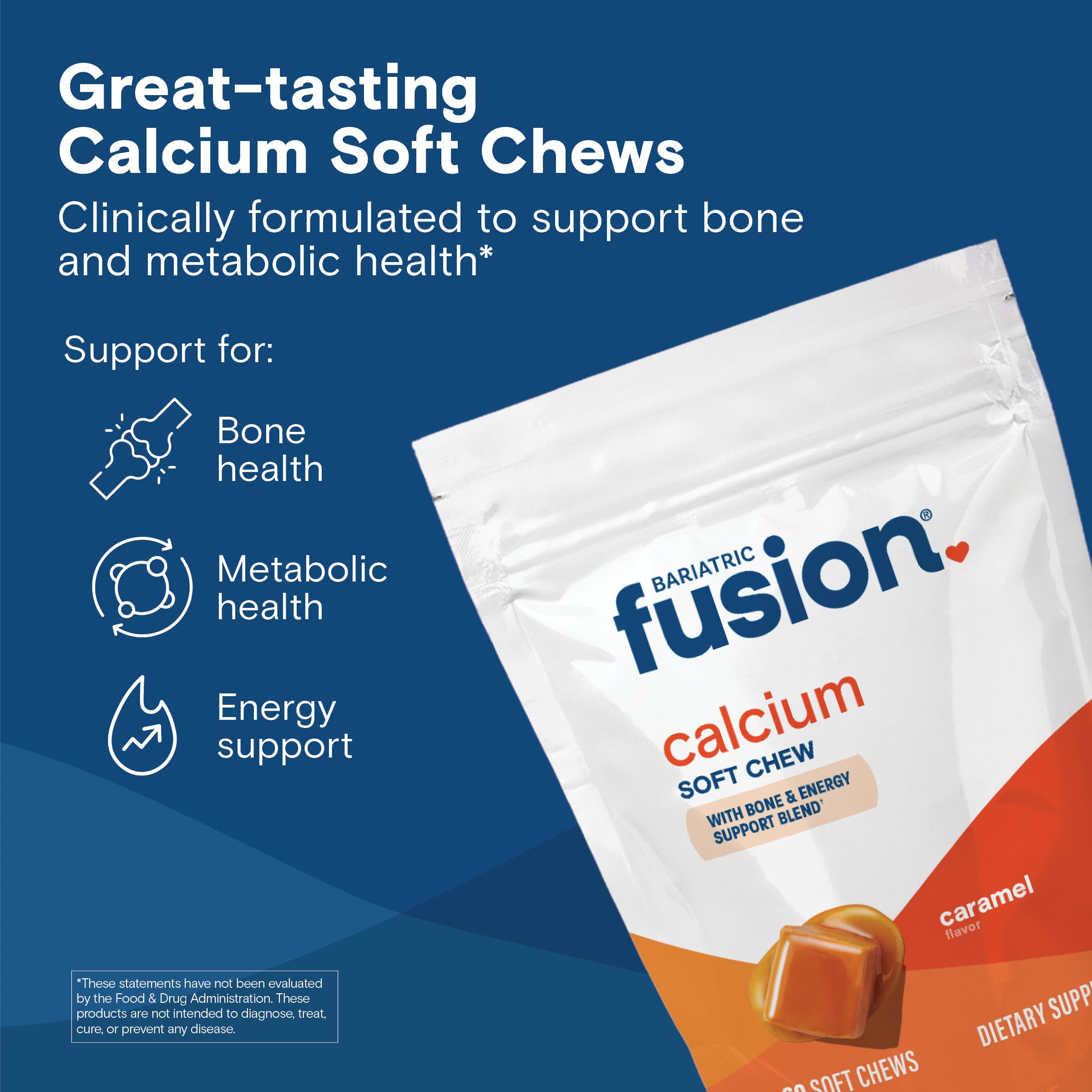 Close-up of a Bariatric Fusion chew highlighting soft texture and caramel aroma