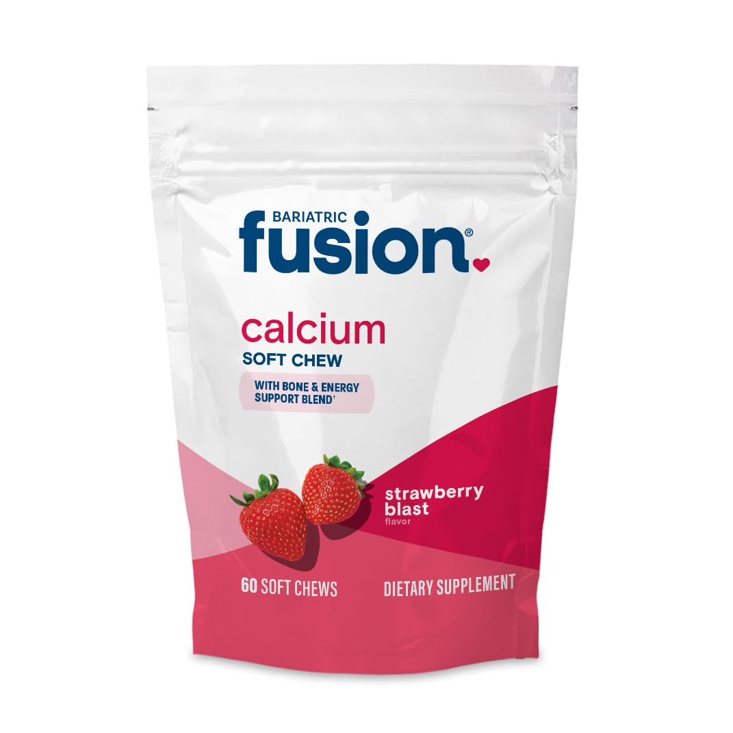 Bariatric Fusion calcium chews strawberry bottle showcases sugar-free formula and 60-count supply.