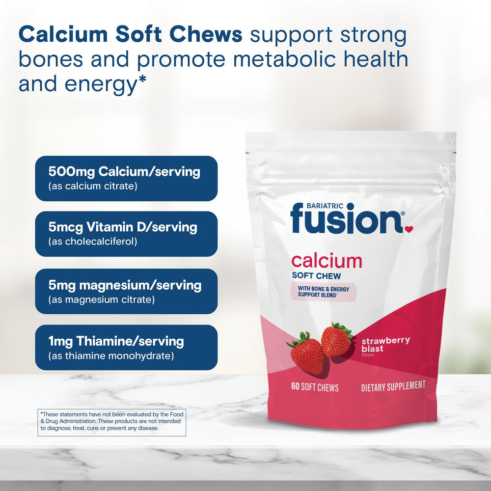 Bariatric Fusion bottle pouring chews illustrates convenient daily dose.