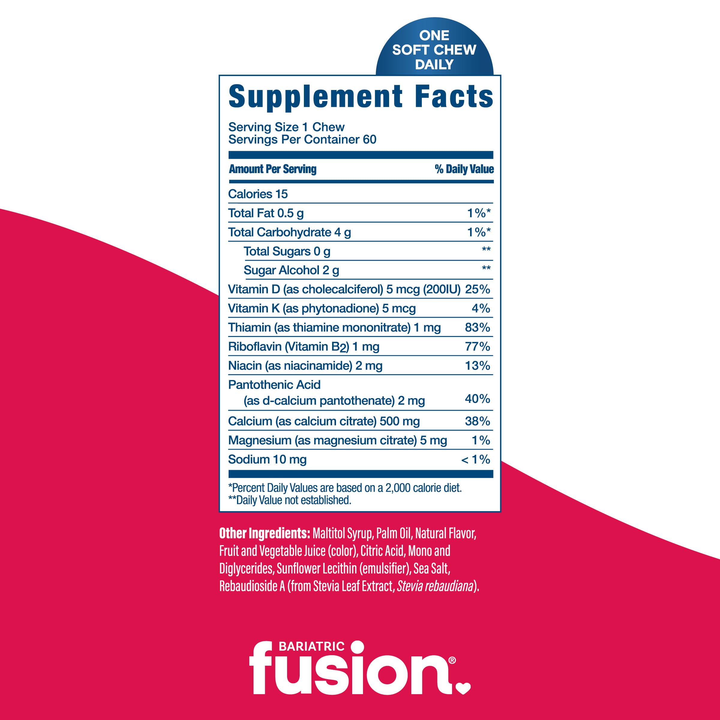 Bariatric Fusion nutrition panel displays calcium citrate, D3, K, and magnesium per serving.
