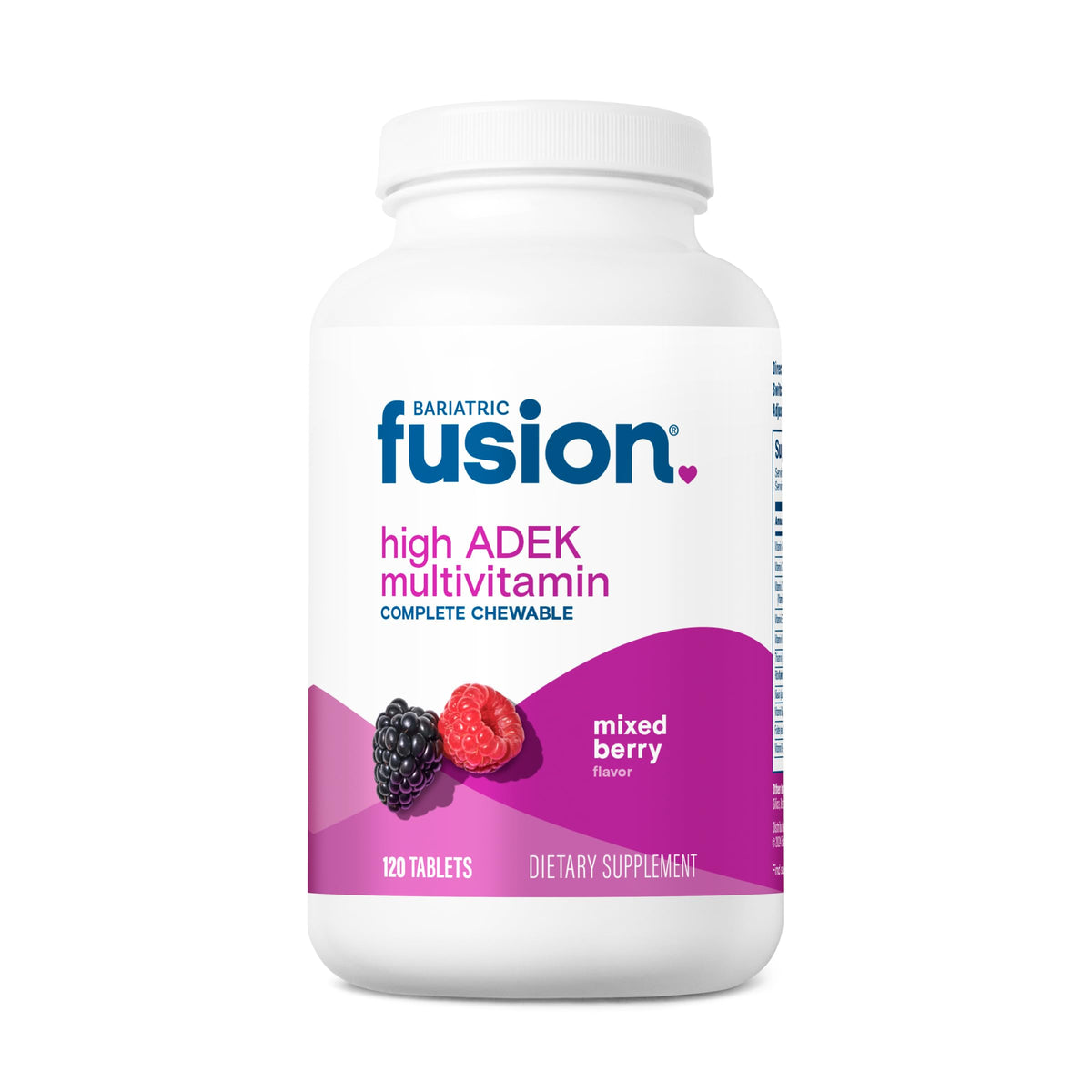 Bariatric Fusion bottle showcasing mixed berry chewable multivitamin for post-surgery nutrition and daily use.