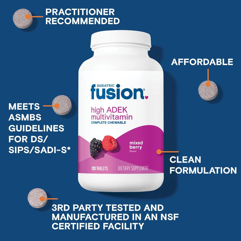 Bariatric Fusion chewable tablet dissolving in mouth with pleasant mixed berry taste.