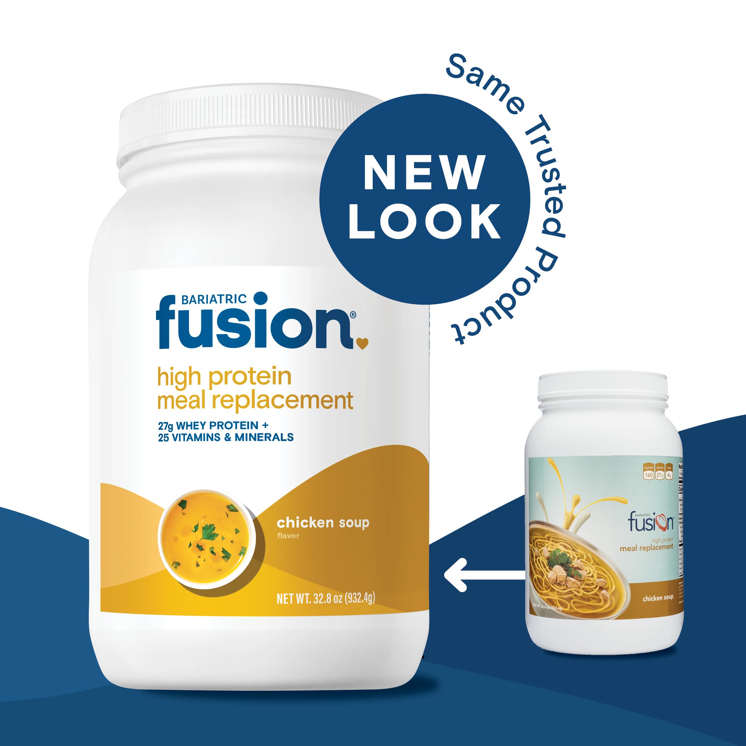 Bariatric Fusion measuring cup beside tub supports precise serving sizes.