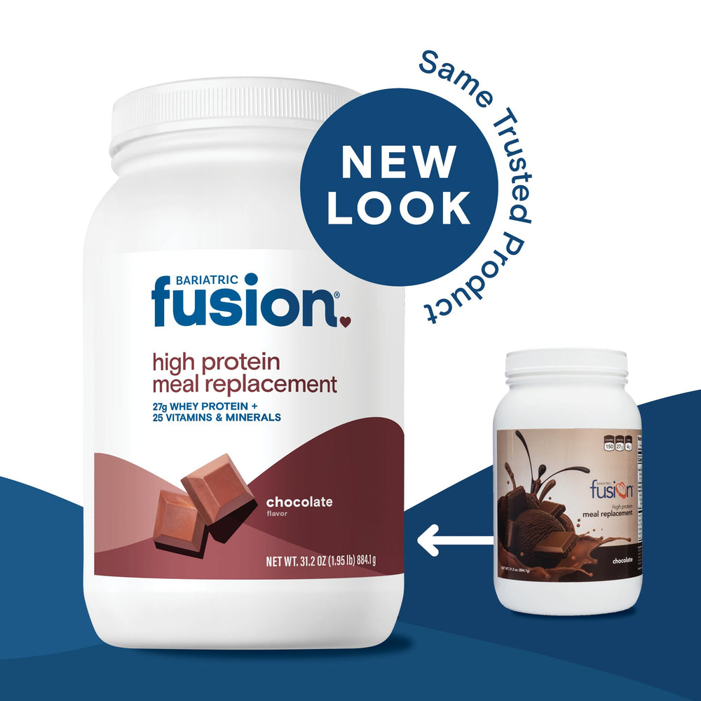 Bariatric Fusion chocolate powder measured for a shake, showing versatility.