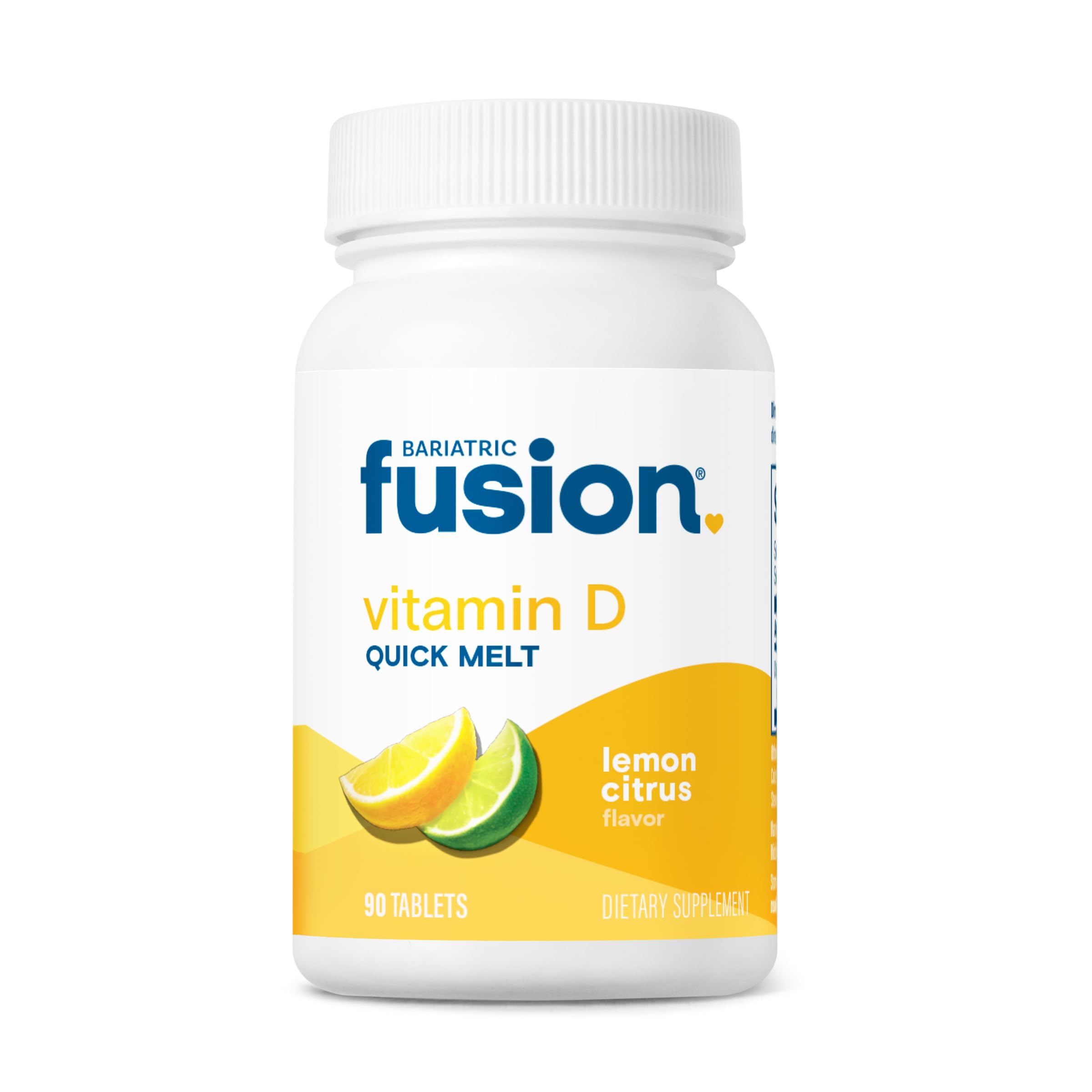 Bariatric Fusion dissolvable Vitamin D3 5000 IU lemon tablet beside bottle for daily bone support.