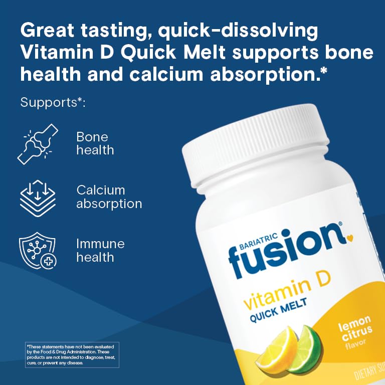Bariatric Fusion lemon D3 tablet close-up highlighting quick-melt texture for easy dosing.