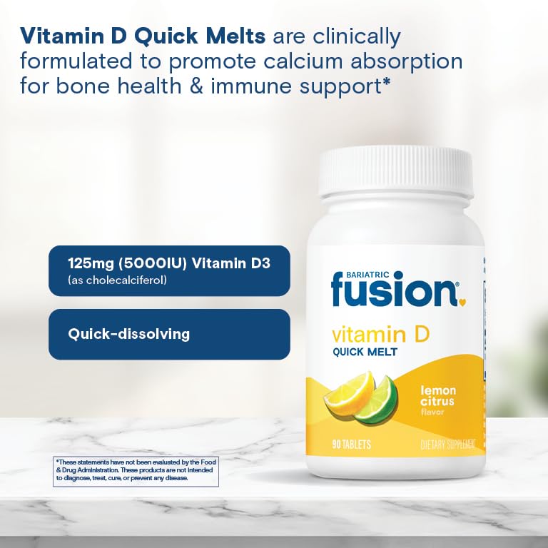 Bariatric Fusion lemon-citrus D3 tablet on display with bottle and branding.