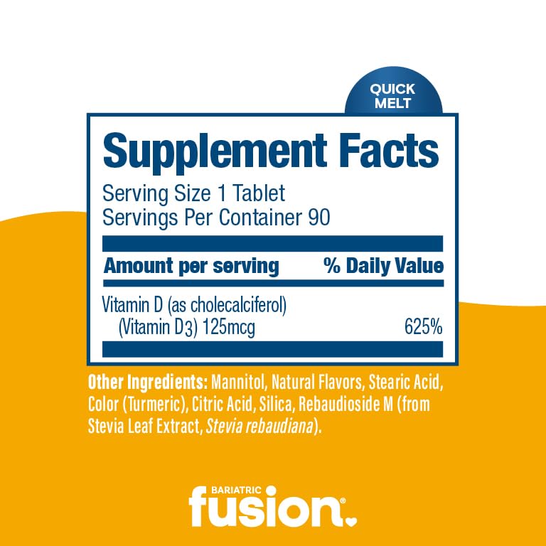 Bariatric Fusion lemon-flavored D3 tablet dissolving on tongue, suggesting fast melt.