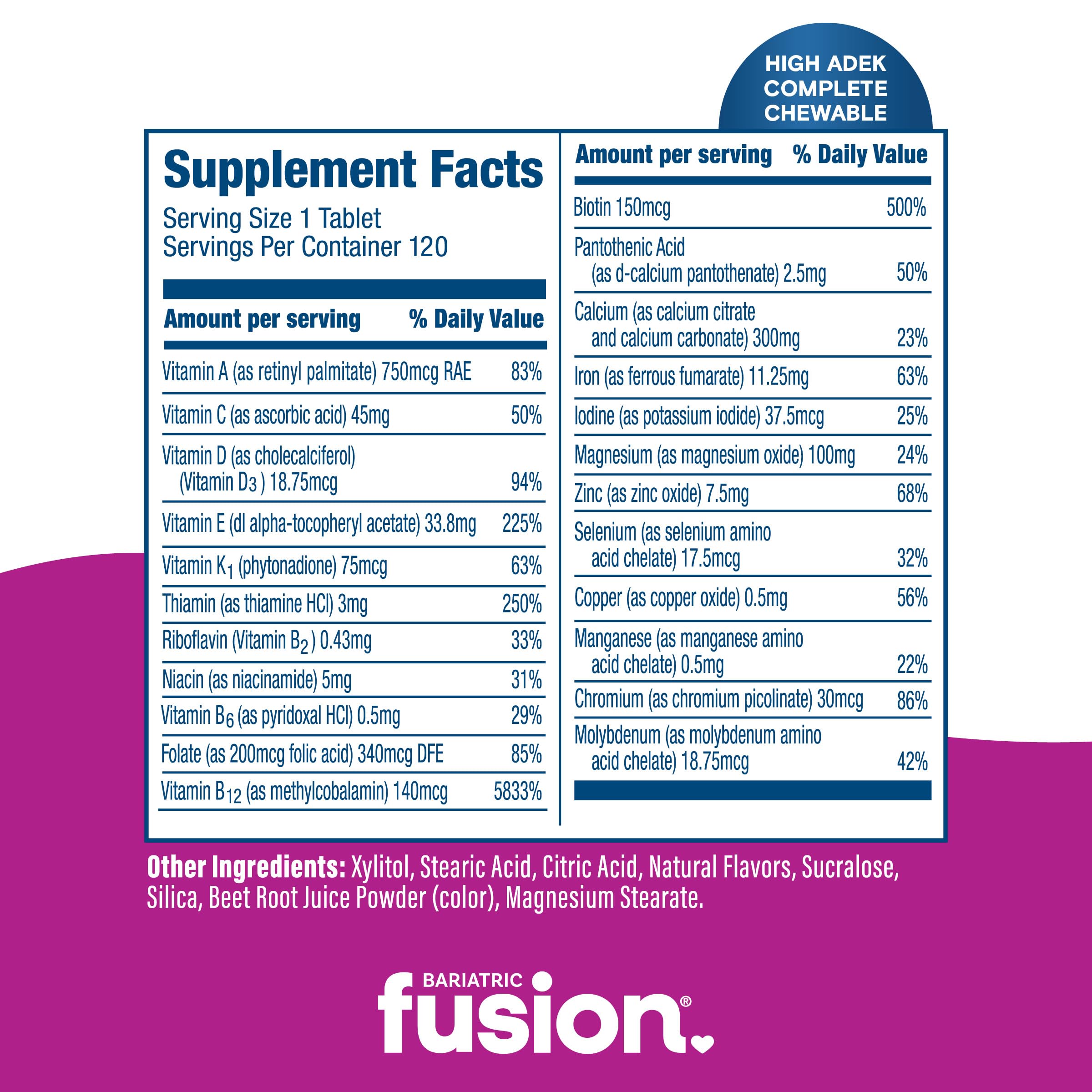 Bariatric Fusion nutrition label showing high ADEK with iron and calcium for daily mineral support.