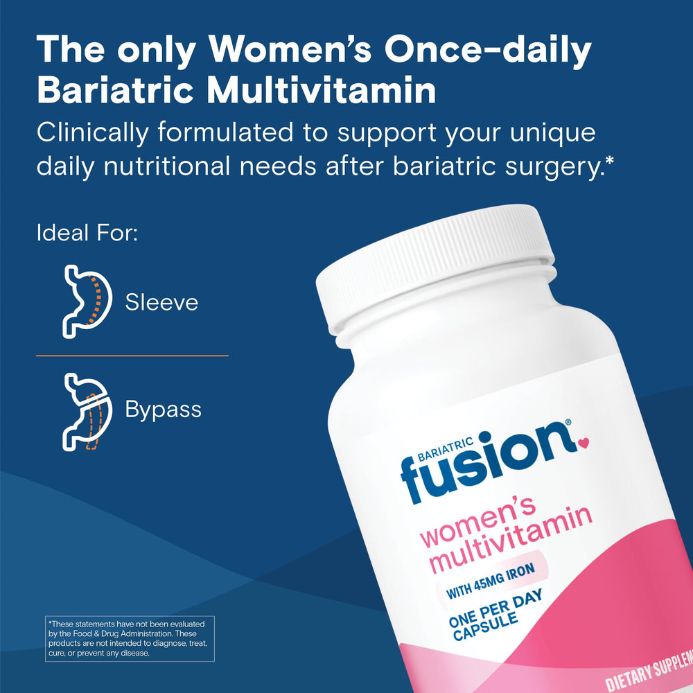 Bariatric Fusion One Per Day bottle back showing iron and probiotic blend for digestion
