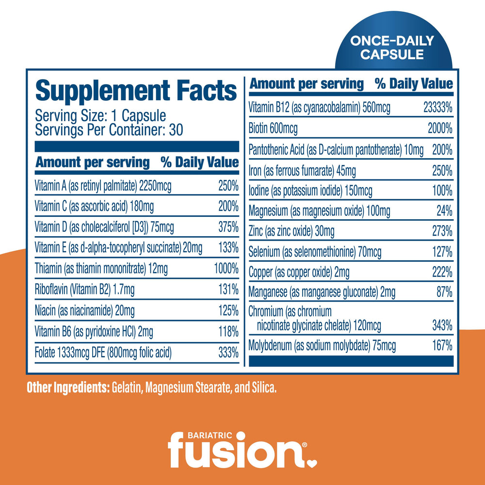 Bariatric Fusion One Per Day label close-up communicates ASMBS-aligned formulation