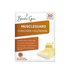 Bariatric Guru MuscleGuard patch, front view, discreet daily muscle support for active routines.