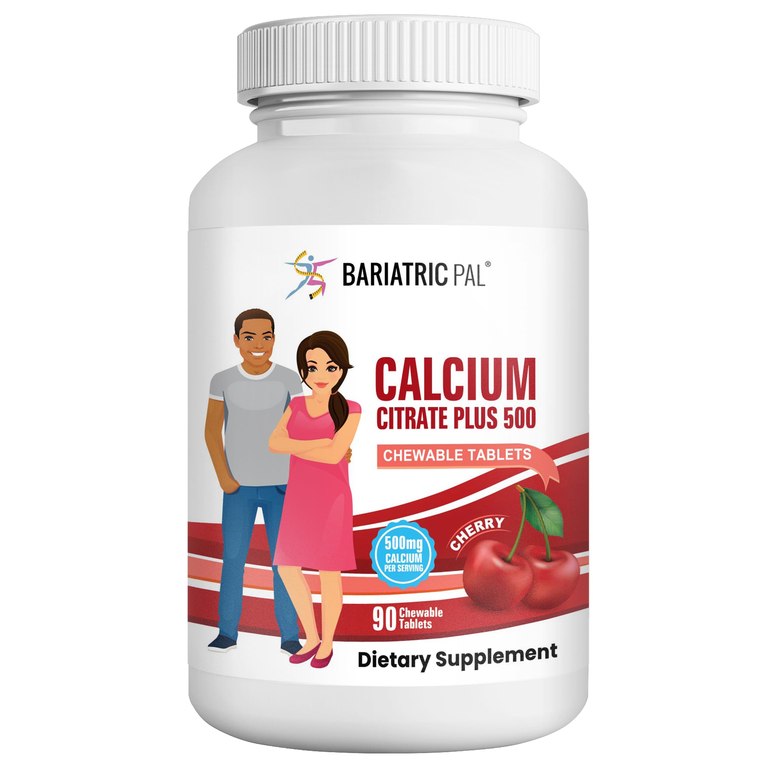 BariatricPal Calcium Citrate 500mg Cherry bottle with low-calorie, sugar-free chewables.