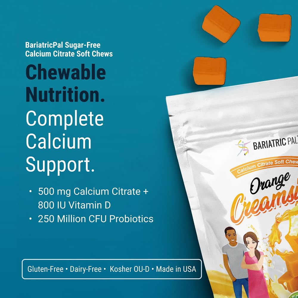 Close-up of 500 mg calcium citrate chew with orange creamsicle flavor for easy daily intake.