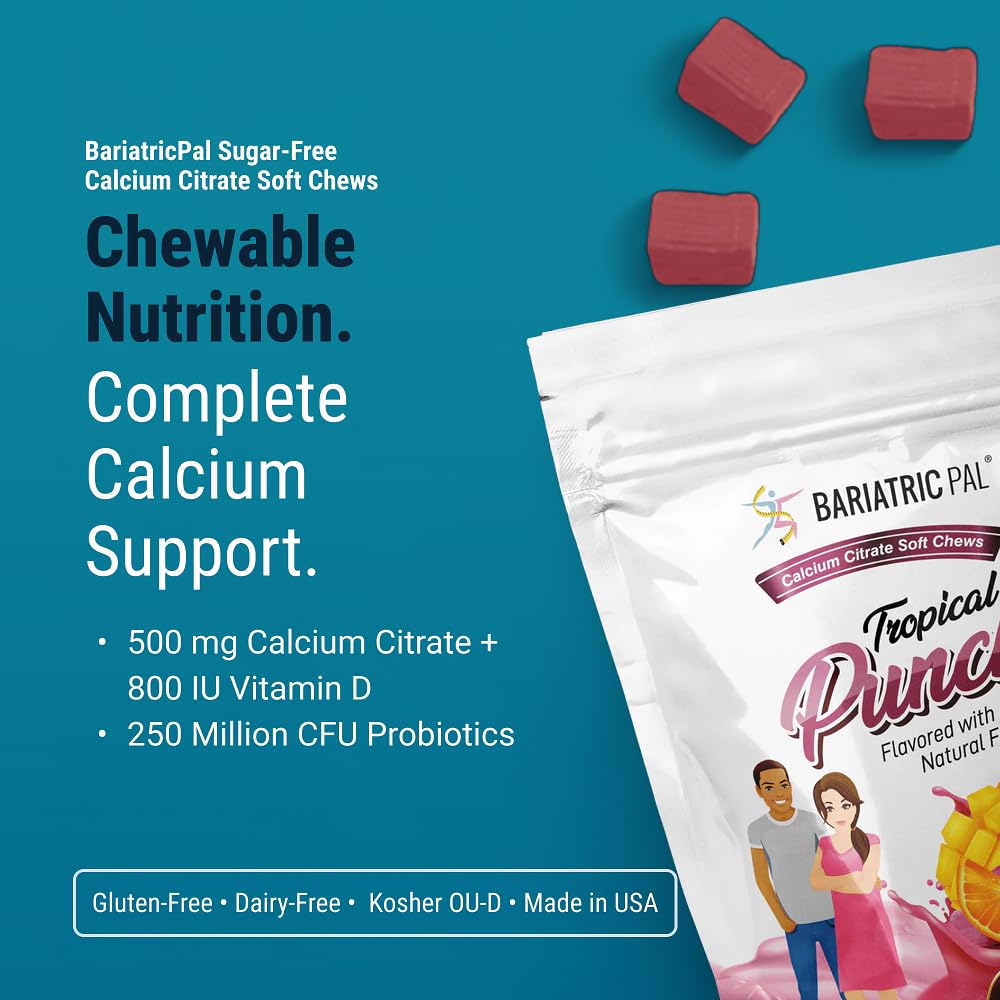 BariatricPal 500mg calcium citrate soft chew with vitamin D and probiotics in a convenient bottle.
