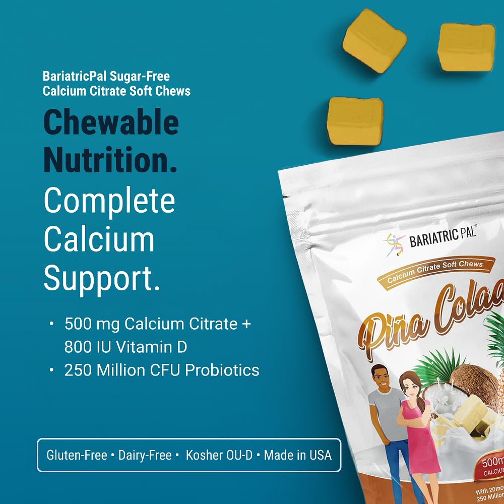 BariatricPal calcium citrate chews Piña Colada pack showing 500mg dose and probiotics.