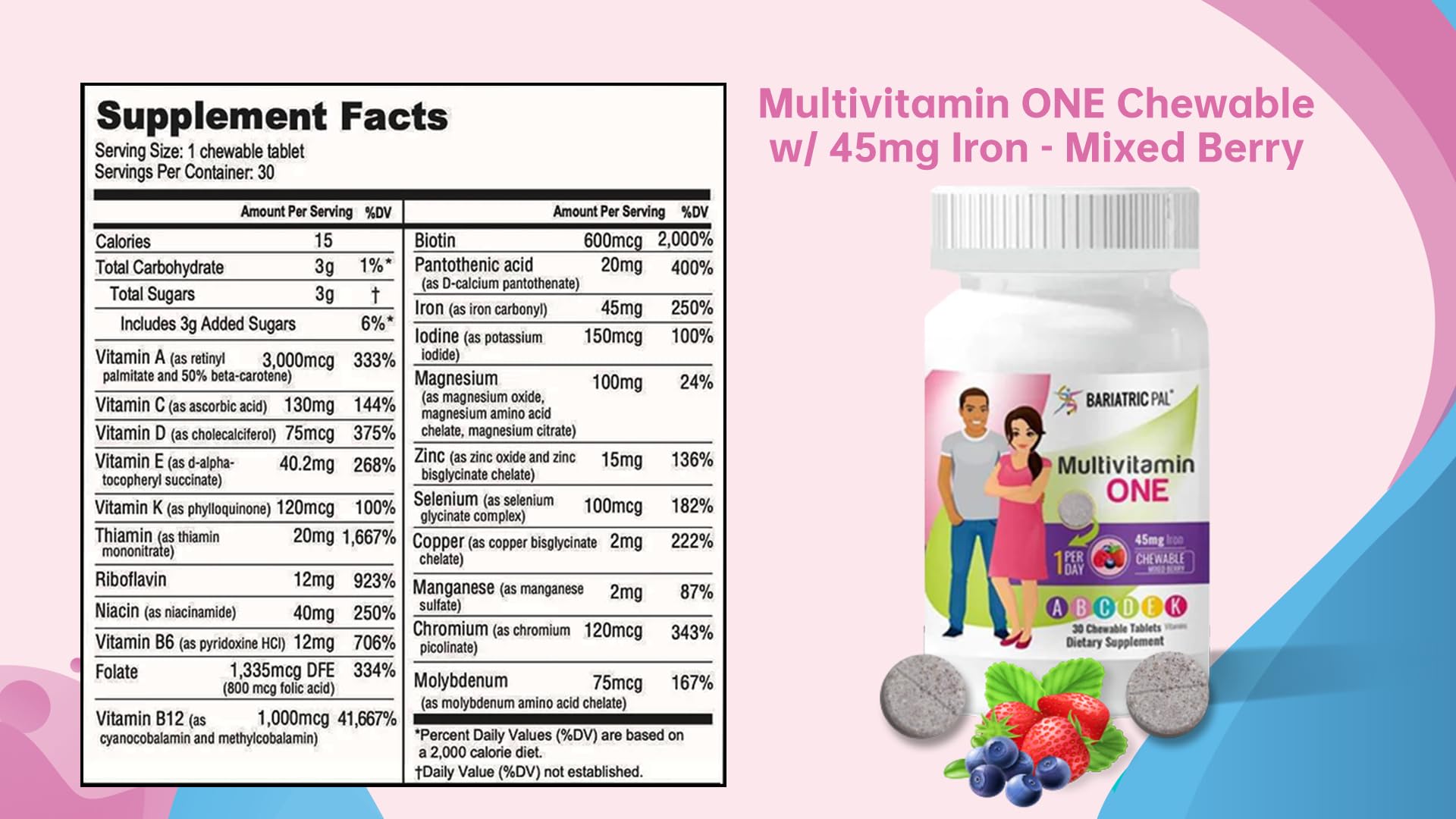BariatricPal iron 45mg daily formula supports essential mineral intake.