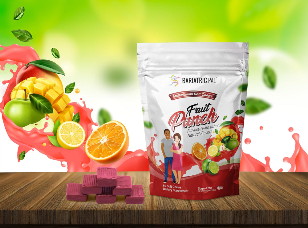 BariatricPal Iron-Free Multivitamin Fruit Punch bottle side view highlights accessibility.