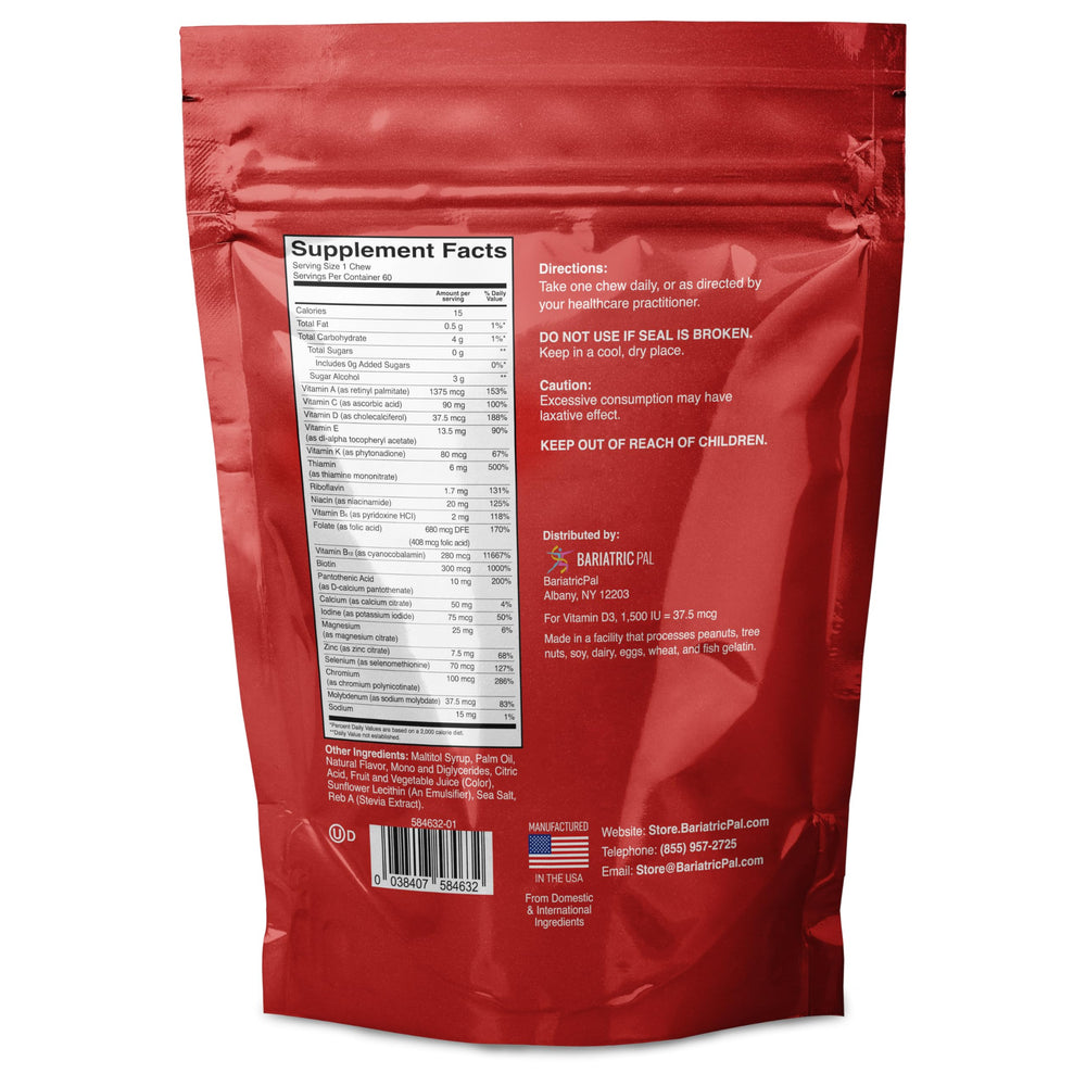 BariatricPal Iron-Free Multivitamin Fruit Punch soft chews close-up showing chewy texture.