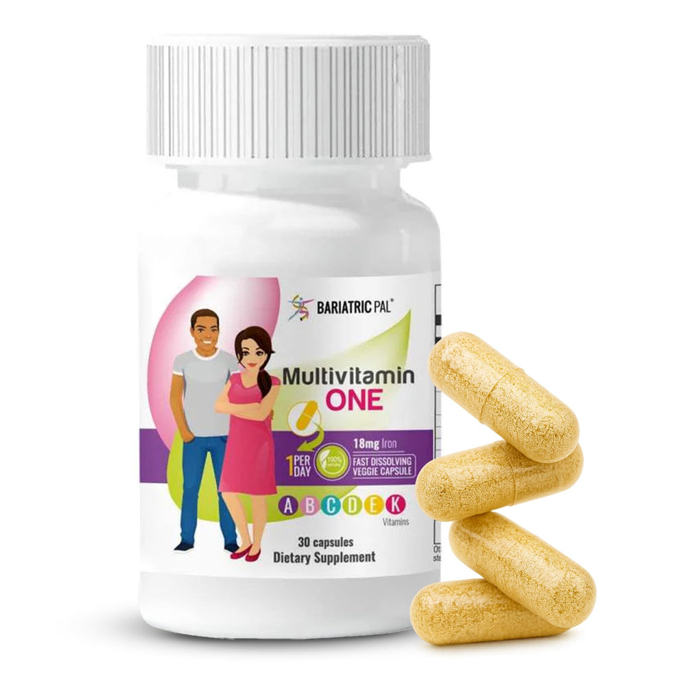 BariatricPal Multivitamin ONE bottle front view shows compact, easy-to-swallow design for daily post-surgery nutrition.