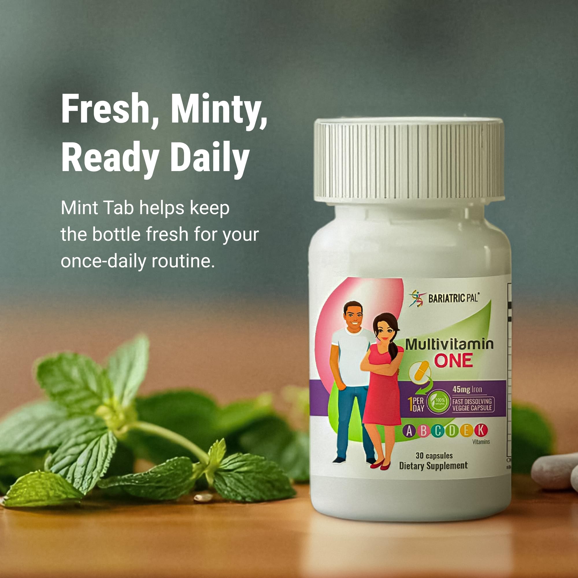 BariatricPal Multivitamin ONE bottle on kitchen counter highlights Made in USA claim.