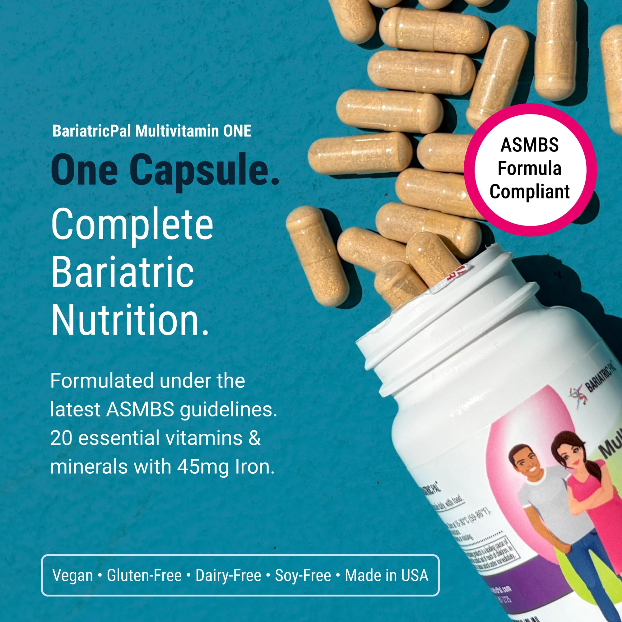 BariatricPal Multivitamin ONE capsule close-up highlights smooth texture for effortless swallowing.