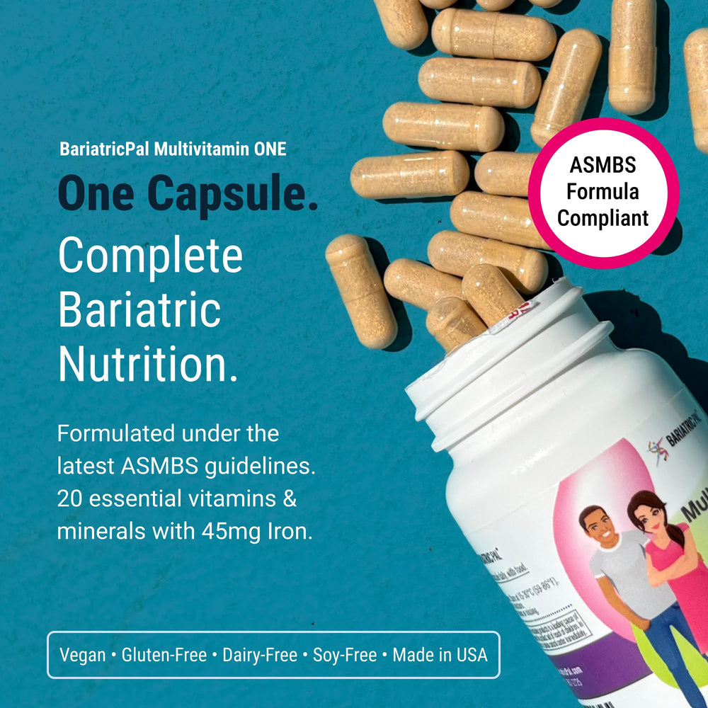 BariatricPal Multivitamin ONE capsule close-up highlights smooth texture for effortless swallowing.