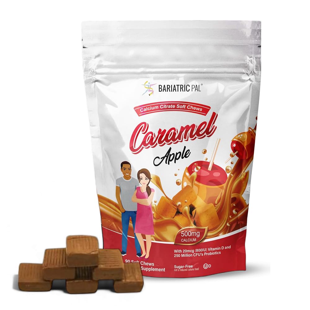 BariatricPal calcium citrate chews bottle showing caramel apple flavor for post surgery bone support