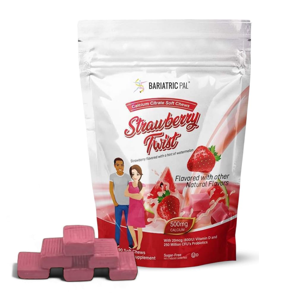 BariatricPal sugar-free calcium citrate soft chews bottle label highlighting formula and flavor