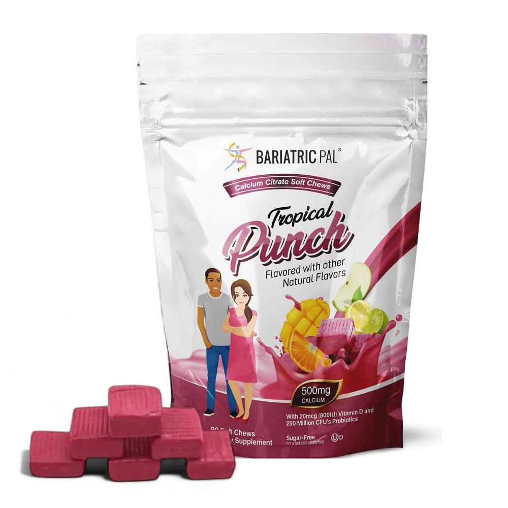 BariatricPal sugar-free calcium citrate soft chews in Tropical Punch flavor for post-surgery bone support.