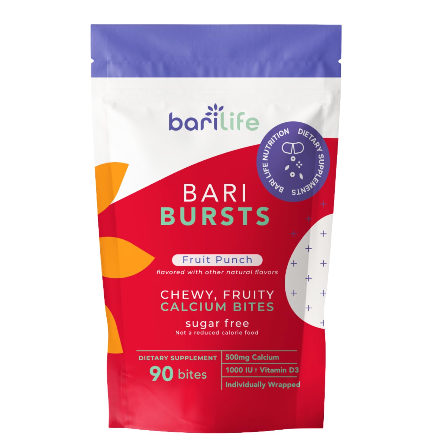 Bari Life Calcium Citrate Bariatric Chews in a fruit-punch bottle for daily bone support.