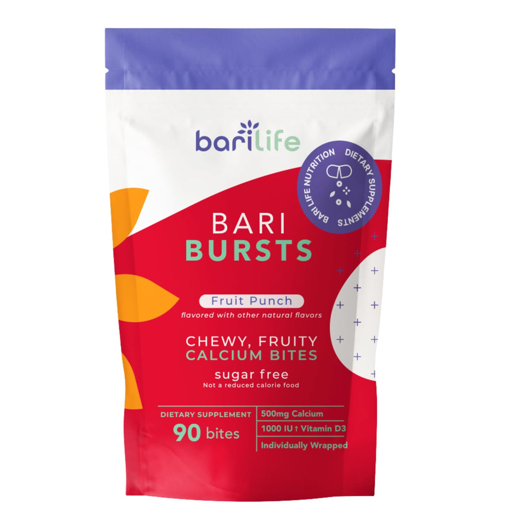 Bari Life Calcium Citrate Bariatric Chews in a fruit-punch bottle for daily bone support.