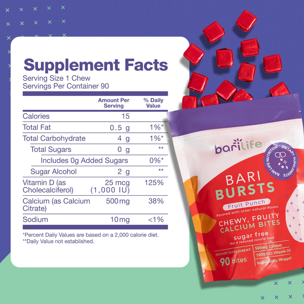 Bari Life Calcium Citrate Bariatric Chews close-up shows chewy texture and vibrant flavor.