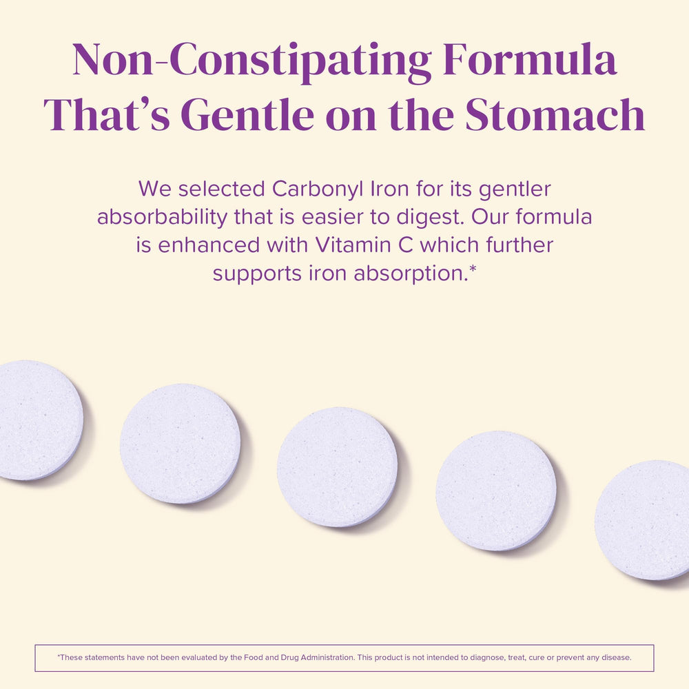 Barimelts iron bottle and pills demonstrate 90-tablet month supply