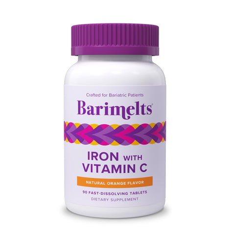 Barimelts iron orange bottle highlights fast-dissolving tablets for post-bariatric care