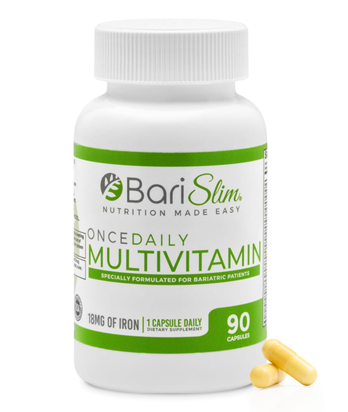 BariSlim bottle front shows the once daily bariatric multivitamin for convenient daily nutrition.
