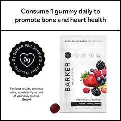 Barker Wellness D3 K2 Gummies label closeup shows vegan and sugar-free formula.