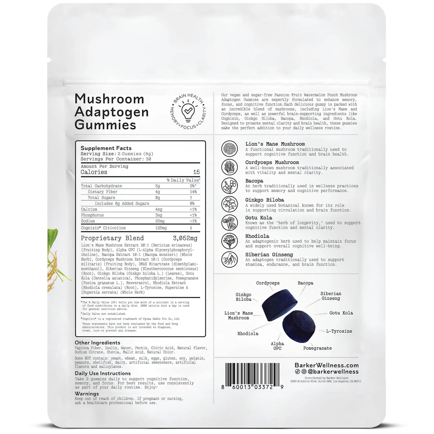 Barker Wellness gummies label closeup highlights Cognizin and Lion's Mane.