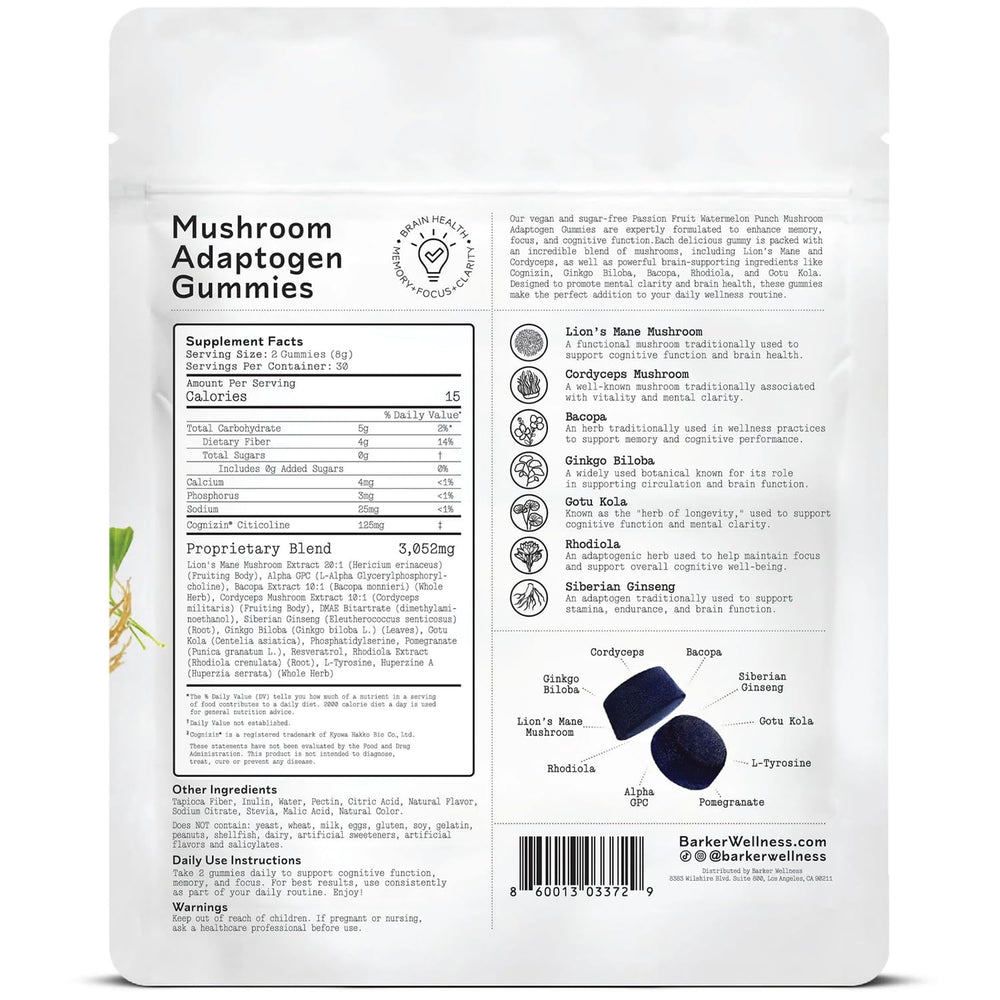 Barker Wellness gummies label closeup highlights Cognizin and Lion's Mane.
