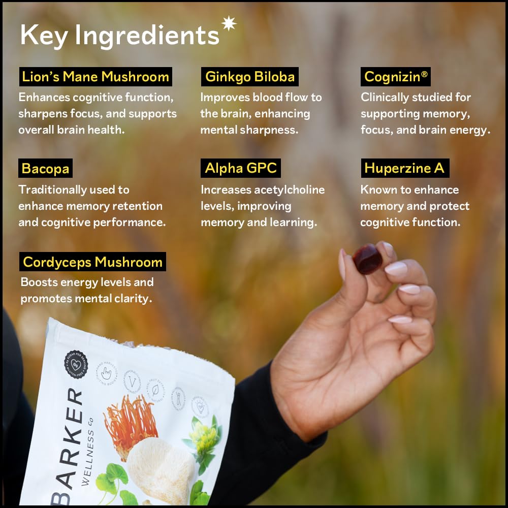 Barker Wellness nootropic ingredients closeup shows diverse cognitive support.